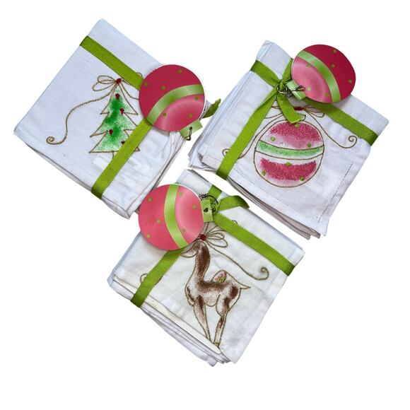 NEW Pier 1 Embroidered Cloth Cocktail Napkins Christmas Holiday 12 Hostess Bar - Picture 1 of 3